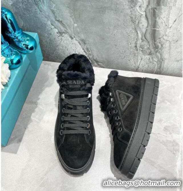 Top Quality Prada Suede and Wool High-Top Sneakers Black 111861