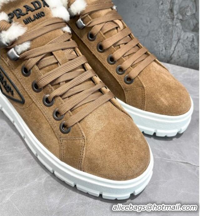 Best Luxury Prada Suede and Wool High-Top Sneakers Brown 111862