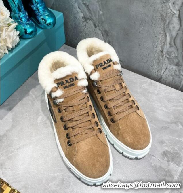 Best Luxury Prada Suede and Wool High-Top Sneakers Brown 111862