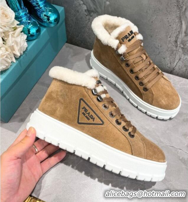 Best Luxury Prada Suede and Wool High-Top Sneakers Brown 111862