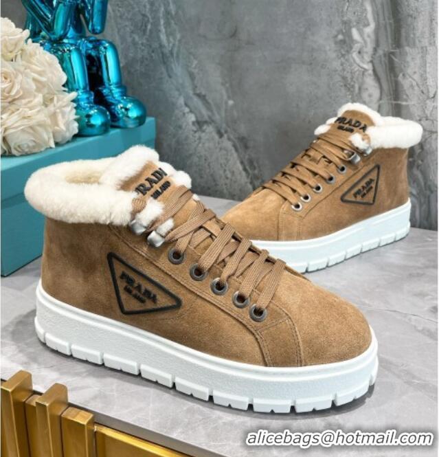 Best Luxury Prada Suede and Wool High-Top Sneakers Brown 111862