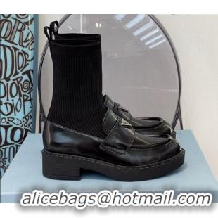 Custom Prada Brush Leather Knit Ankle Boots Black 112386