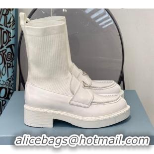 Perfect Prada Brush Leather Knit Ankle Boots 112386 White