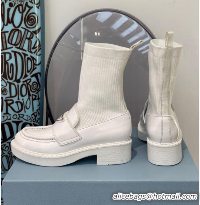 Perfect Prada Brush Leather Knit Ankle Boots 112386 White