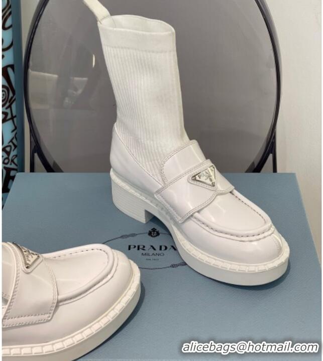 Perfect Prada Brush Leather Knit Ankle Boots 112386 White