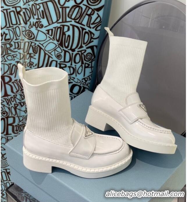 Perfect Prada Brush Leather Knit Ankle Boots 112386 White