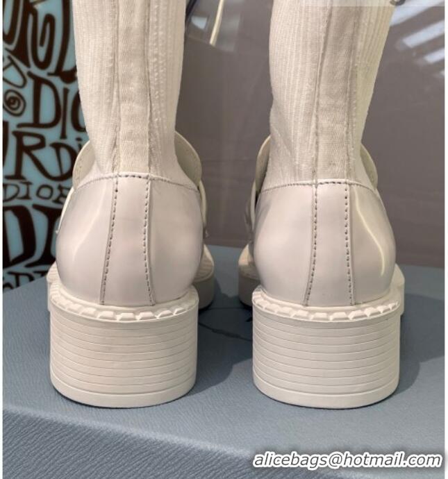 Perfect Prada Brush Leather Knit Ankle Boots 112386 White