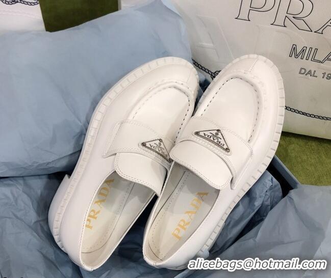 Unique Grade Prada Chocolate Brush Leather Loafers 112389 White