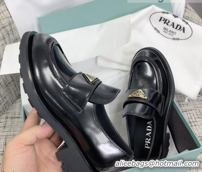 New Style Prada Chocolate Brush Leather Loafers 112391 Black