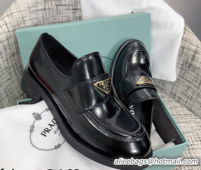 New Style Prada Chocolate Brush Leather Loafers 112391 Black