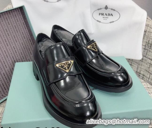 New Style Prada Chocolate Brush Leather Loafers 112391 Black