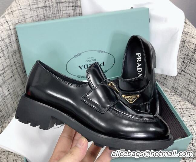 New Style Prada Chocolate Brush Leather Loafers 112391 Black