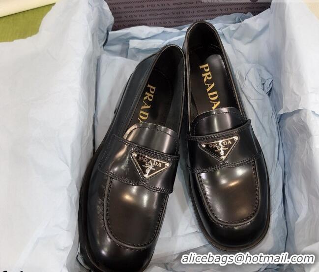 Sumptuous Prada Chocolate Brush Leather Loafers 112392 Black