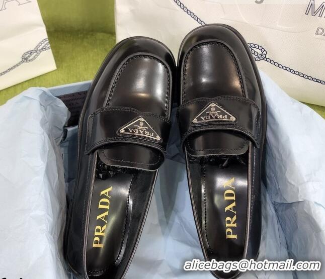 Sumptuous Prada Chocolate Brush Leather Loafers 112392 Black