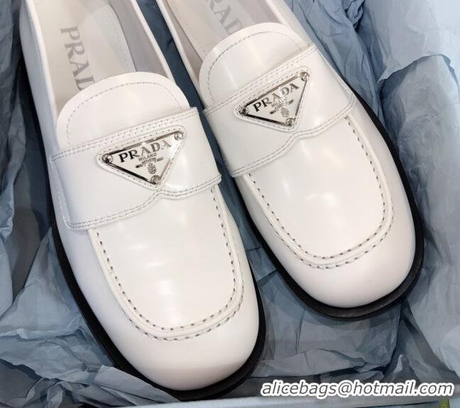 Perfect Prada Chocolate Brush Leather Loafers 112393 White