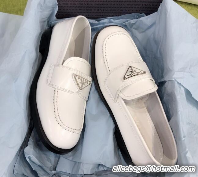 Perfect Prada Chocolate Brush Leather Loafers 112393 White