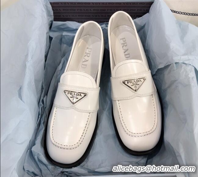 Perfect Prada Chocolate Brush Leather Loafers 112393 White