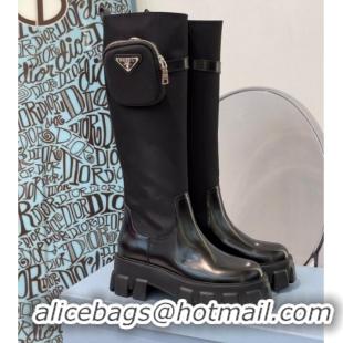 Stylish Prada Nylon and Leather High Boots with Pouch Black 112394