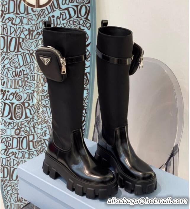 Stylish Prada Nylon and Leather High Boots with Pouch Black 112394