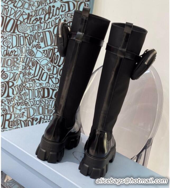 Stylish Prada Nylon and Leather High Boots with Pouch Black 112394