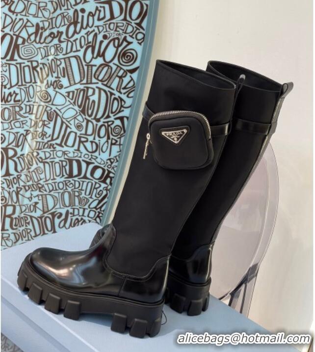 Stylish Prada Nylon and Leather High Boots with Pouch Black 112394