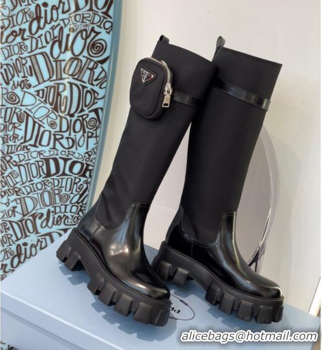 Stylish Prada Nylon and Leather High Boots with Pouch Black 112394