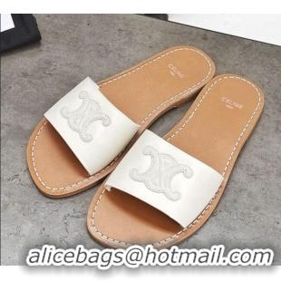 Discount Celine Logo Leather Slide Sandals 060834 White