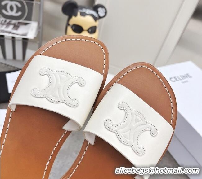 Discount Celine Logo Leather Slide Sandals 060834 White