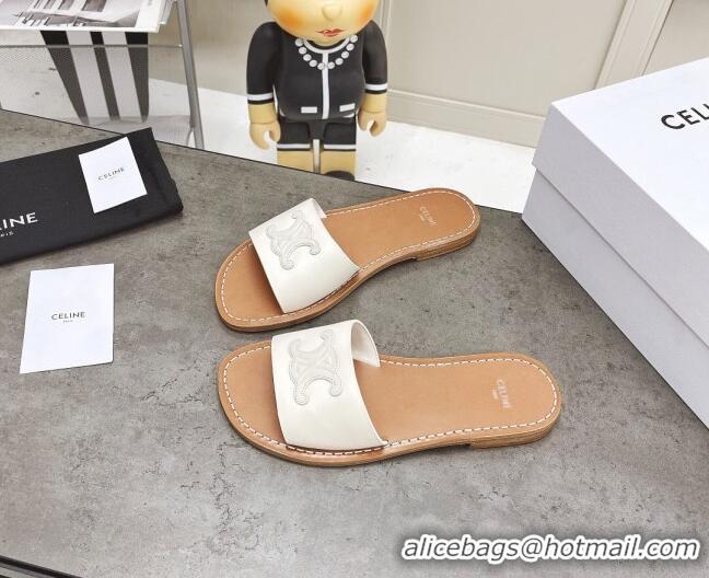 Discount Celine Logo Leather Slide Sandals 060834 White