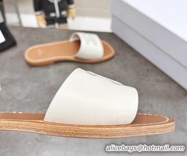 Discount Celine Logo Leather Slide Sandals 060834 White