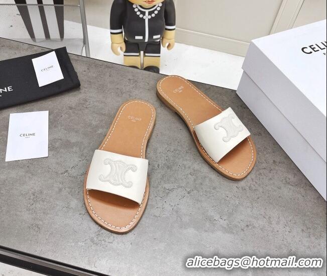 Discount Celine Logo Leather Slide Sandals 060834 White