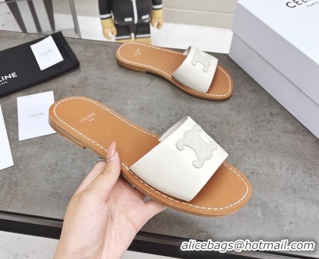 Discount Celine Logo Leather Slide Sandals 060834 White