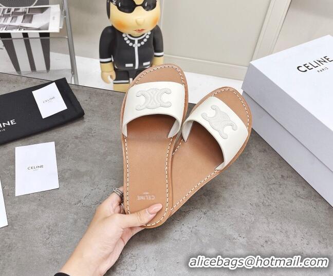 Discount Celine Logo Leather Slide Sandals 060834 White