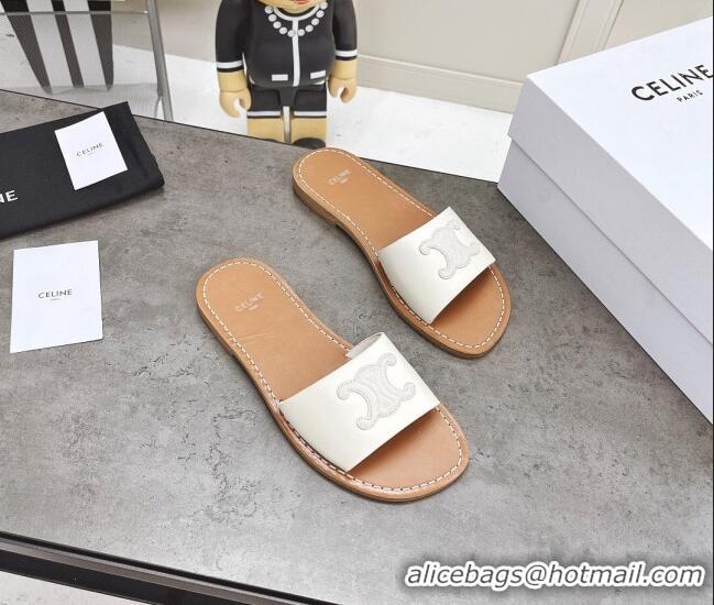 Discount Celine Logo Leather Slide Sandals 060834 White