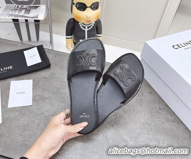 Low Price Celine Logo Leather Slide Sandals 060834 Black