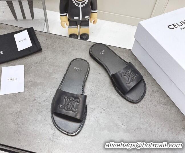 Low Price Celine Logo Leather Slide Sandals 060834 Black