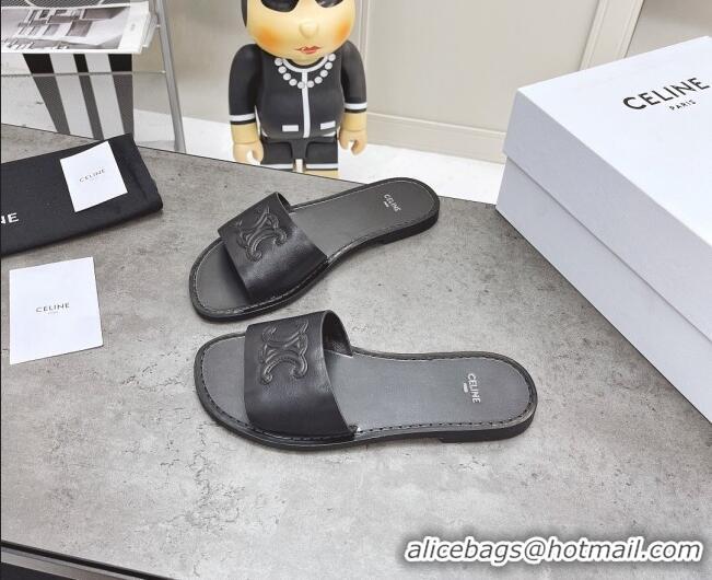 Low Price Celine Logo Leather Slide Sandals 060834 Black