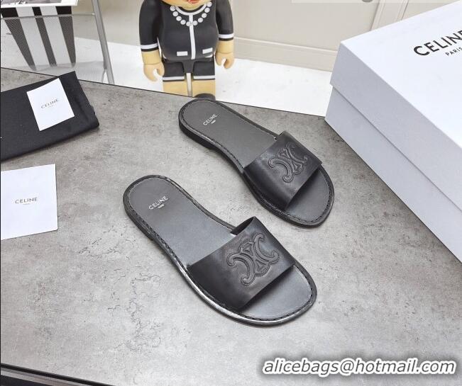 Low Price Celine Logo Leather Slide Sandals 060834 Black