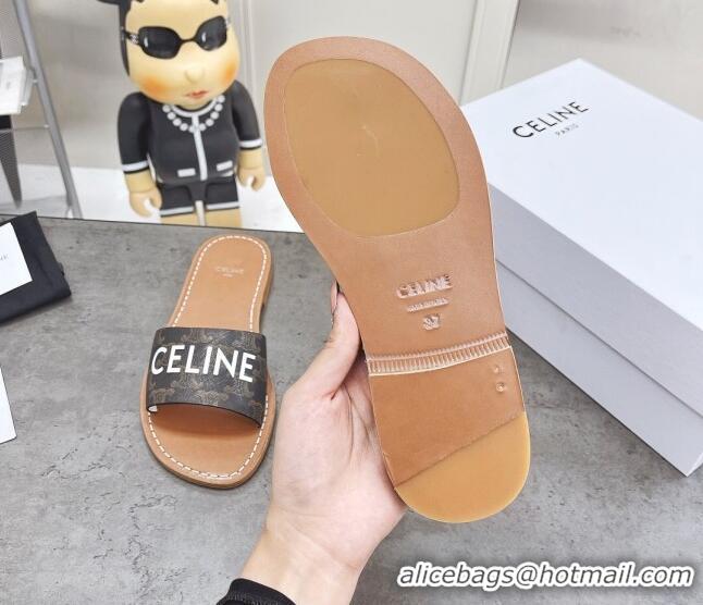 Classic Practical Celine Triomphe Canvas Slide Sandals 060836 Brown