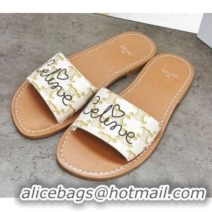 New Fashion Celine Triomphe Canvas Slide Sandals 060836 White