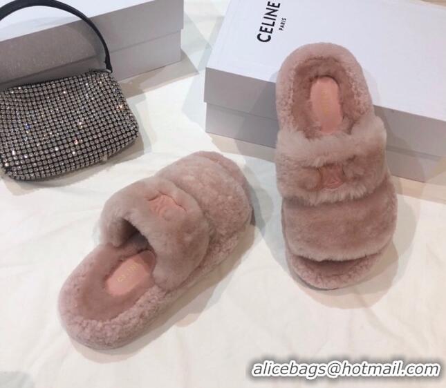 Discount Celine Logo Wool Slide Sandals Pink 06084