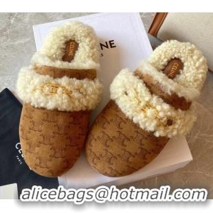 Super Quality Celine Fur Slides Triomphe Slipper in Suede and Shearling Wool 083023 Brown