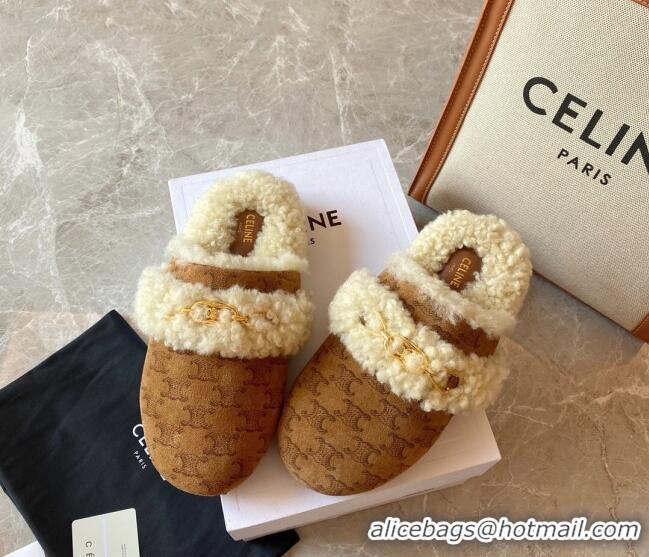 Super Quality Celine Fur Slides Triomphe Slipper in Suede and Shearling Wool 083023 Brown