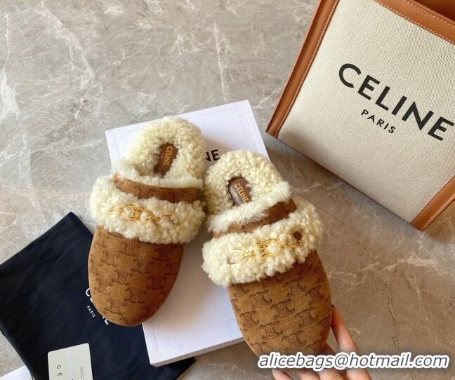 Super Quality Celine Fur Slides Triomphe Slipper in Suede and Shearling Wool 083023 Brown