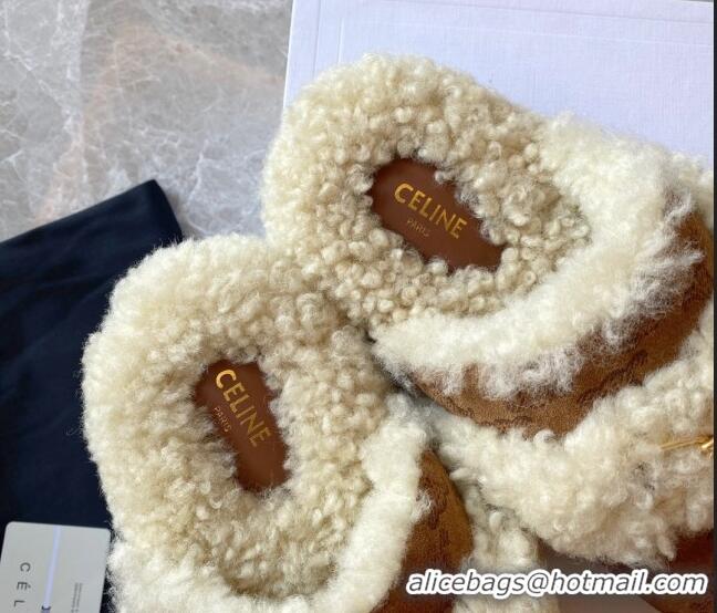 Super Quality Celine Fur Slides Triomphe Slipper in Suede and Shearling Wool 083023 Brown