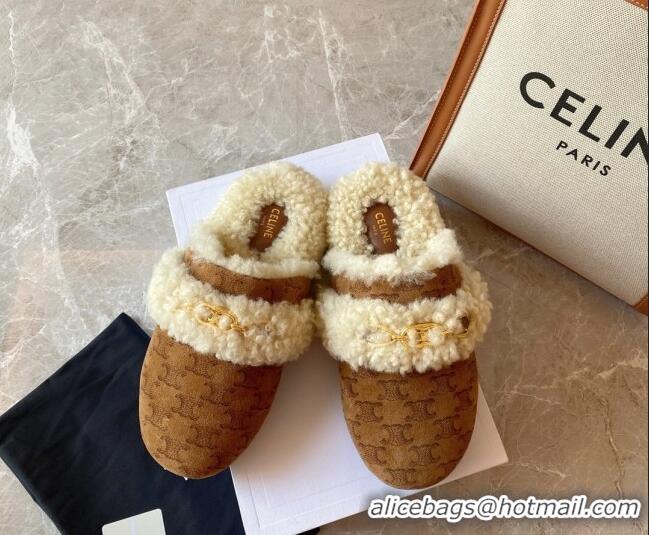 Super Quality Celine Fur Slides Triomphe Slipper in Suede and Shearling Wool 083023 Brown