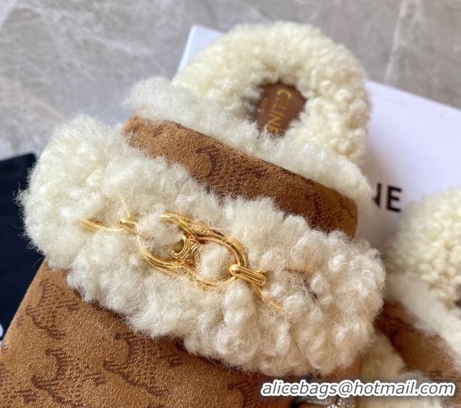 Super Quality Celine Fur Slides Triomphe Slipper in Suede and Shearling Wool 083023 Brown