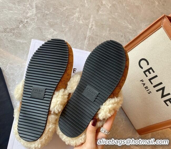 Super Quality Celine Fur Slides Triomphe Slipper in Suede and Shearling Wool 083023 Brown