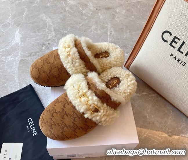 Super Quality Celine Fur Slides Triomphe Slipper in Suede and Shearling Wool 083023 Brown