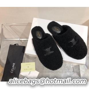 Top Quality Celine Triomphe Shearling Flat Slide Sandals 092235 Black